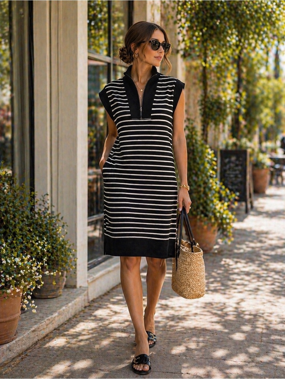 Anthropologie Mod on Trend Sleeveless Midi Dress with Zip V-Neck - Black & White